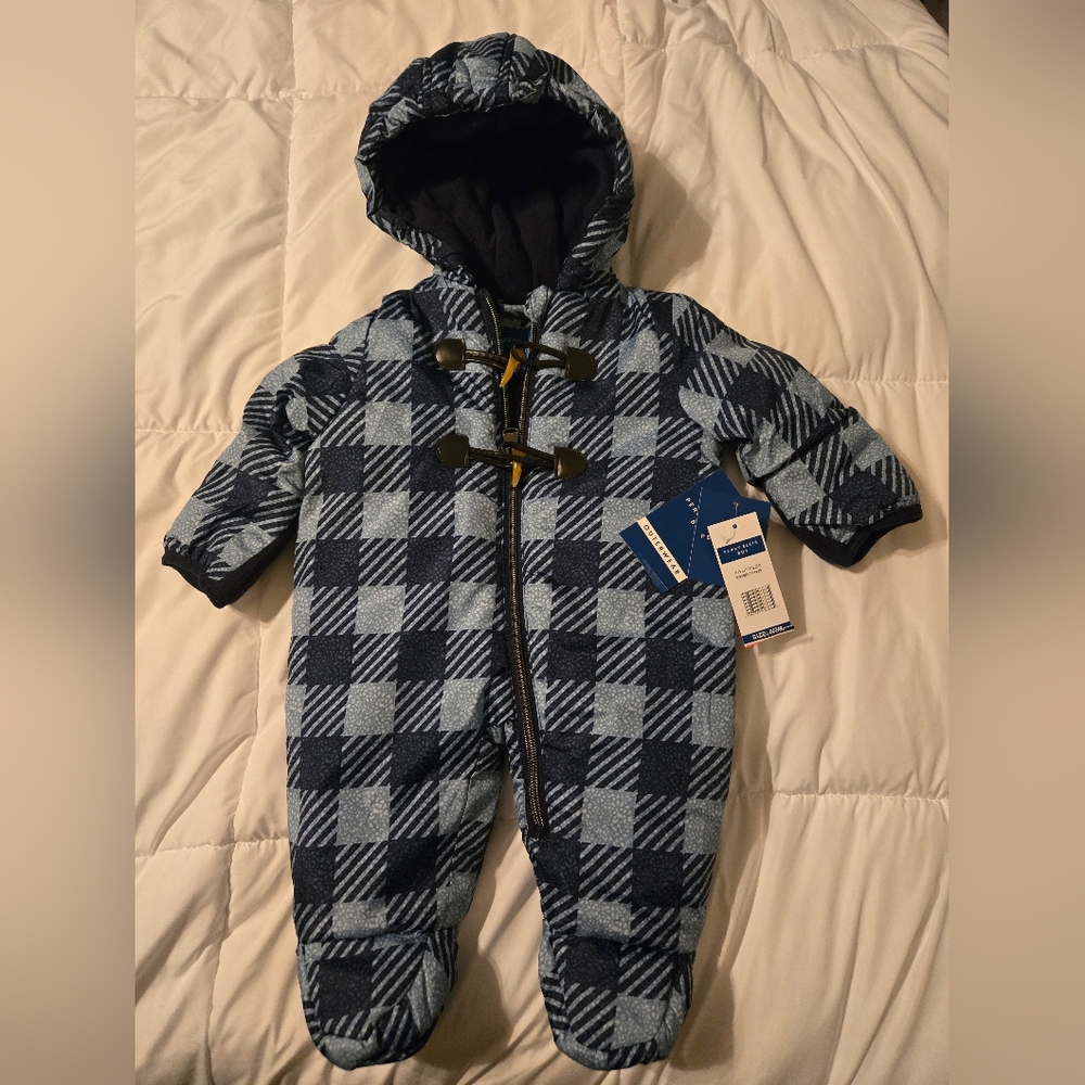 Infant Blue Plaid Hooded One-Piece Snowsuit By Perry Ellis